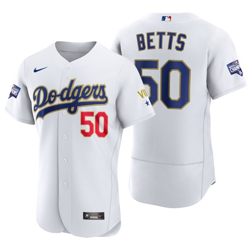 Men's Los Angeles Dodgers #50 Mookie Betts White Gold MLB Championship Flex Base Sttiched Jersey